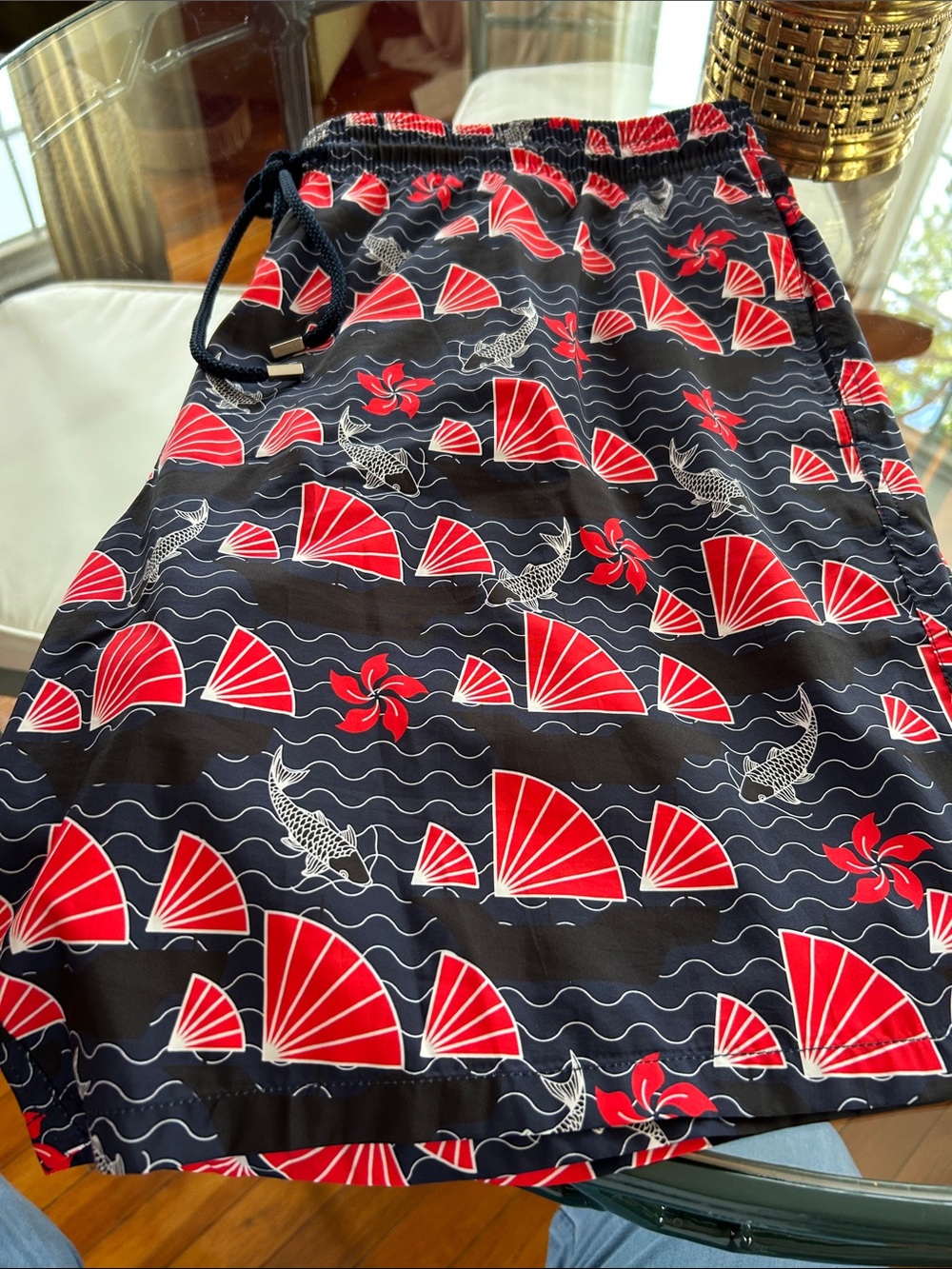 Men's Blue Swim Trunks with Red Fan Print and Drawstring